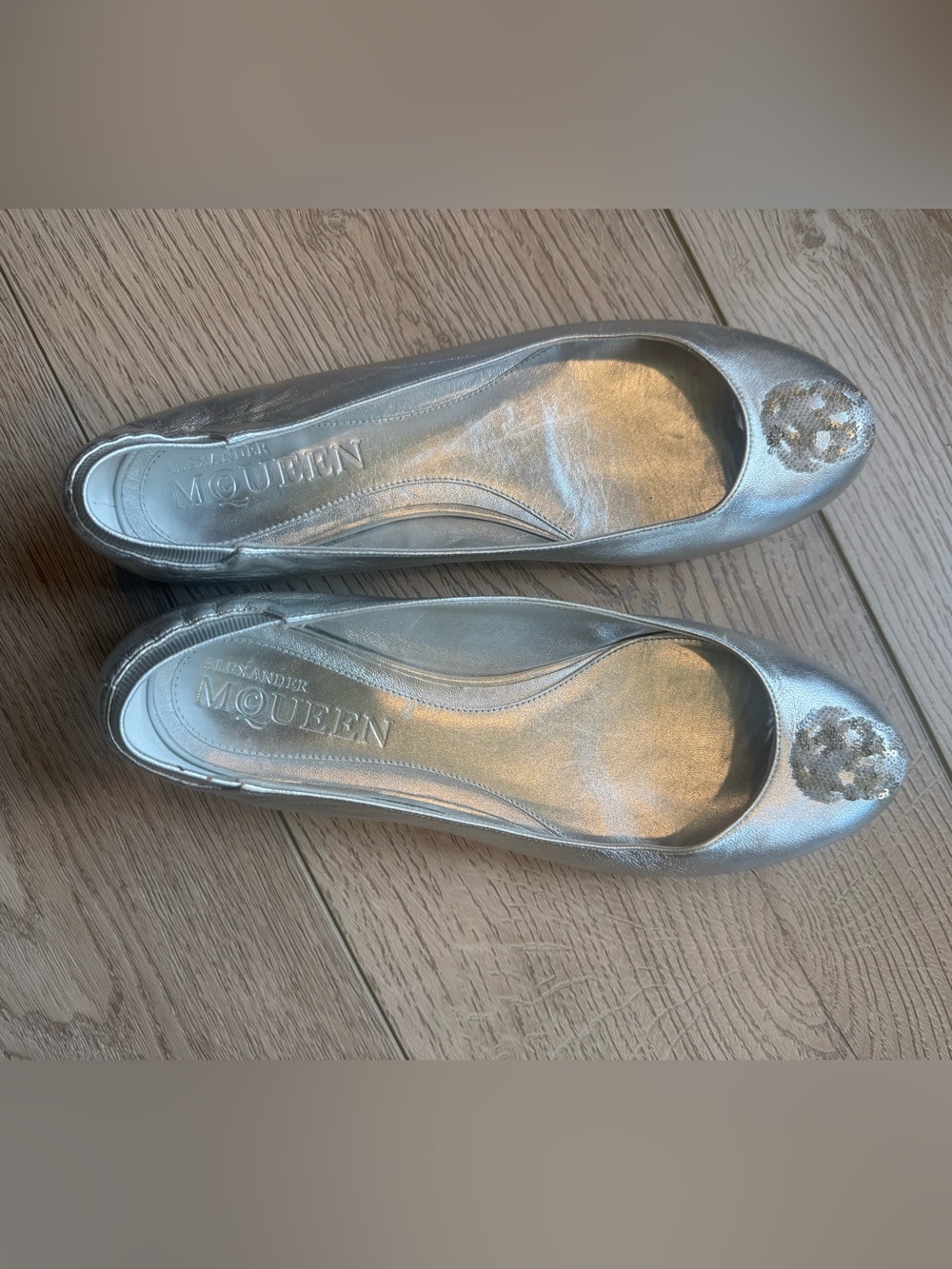 Alexander McQueen Metallic Silver Leather Ballet Flats
